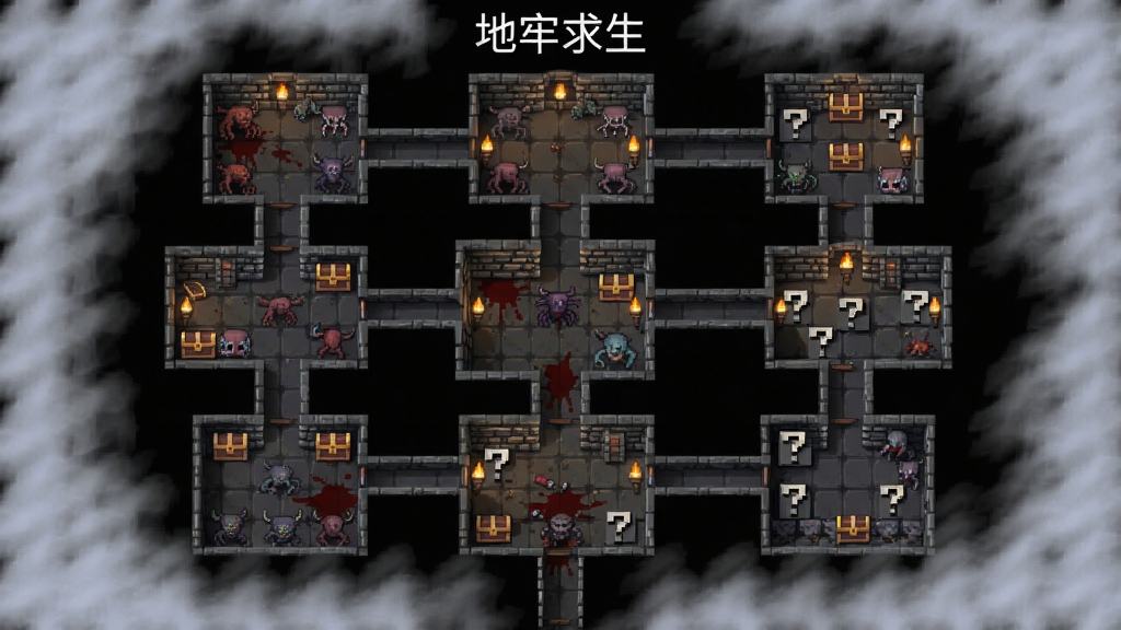 程序化生成的地牢地图俯瞰视角,画面中多个房间以走廊连接,房间内分布怪物图标、宝箱图标与问号事件标记,主体为“地牢求生”游戏地图界面,布局为全屏网格状地图,排版四周有迷雾遮挡未探索区域,风格为暗黑像素风,细节包含火把照明范围、地面血迹、墙壁纹理,画质清晰干净无多余元素