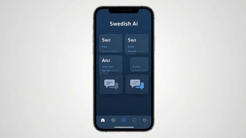 一张展示Swedish Ai软件主界面的手机屏幕渲染图,画面中央为手机正面,屏幕内呈现深蓝色调的语言学习应用界面,顶部有“Swedish Ai”字样,中部排列着词汇卡片与对话气泡图标,底部为导航栏,背景为干净的浅灰色渐变,整体风格简洁现代,画质清晰,无多余元素