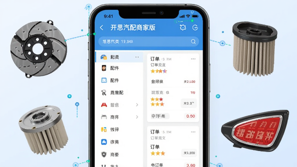 画面中央是一部竖屏智能手机,屏幕内展示开思汽配商家版的商品管理界面,界面包含配件分类列表与订单卡片,手机两侧漂浮着汽车配件图标如刹车片、滤清器、车灯,背景为浅蓝色渐变,整体采用扁平化科技风格,构图简洁居中,细节清晰,画质干净,无多余元素