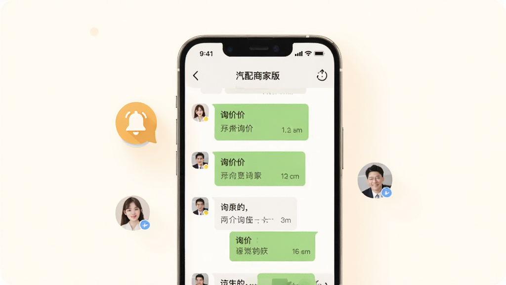 画面中央是一部手机,屏幕内展示开思汽配商家版的消息列表与聊天界面,消息气泡中包含询价内容,手机旁边漂浮着铃铛通知图标与客户头像,背景为暖白色,风格亲切自然,布局简洁,画质干净,无多余元素