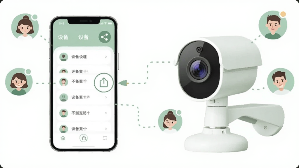 画面中一部手机与一台监控摄像头通过虚线连接,手机屏幕显示设备列表与分享图标,周围有家庭成员头像小图标环绕,整体风格清新柔和,色调以浅绿和白色为主,布局对称,细节简洁,画质干净