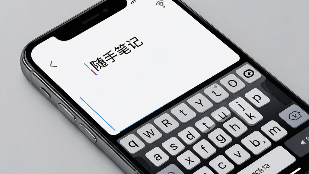 画面主体是一部手机特写,屏幕显示“随手笔记”的纯文字输入界面,键盘弹出,光标闪烁,界面干净无广告;布局为手机倾斜45度放置在纯色背景上;排版为产品特写构图,突出屏幕内容;风格为简约科技感;细节包括屏幕上的细腻文字、键盘按键的立体感、手机边框的高光;画质清晰,干净,无多余元素