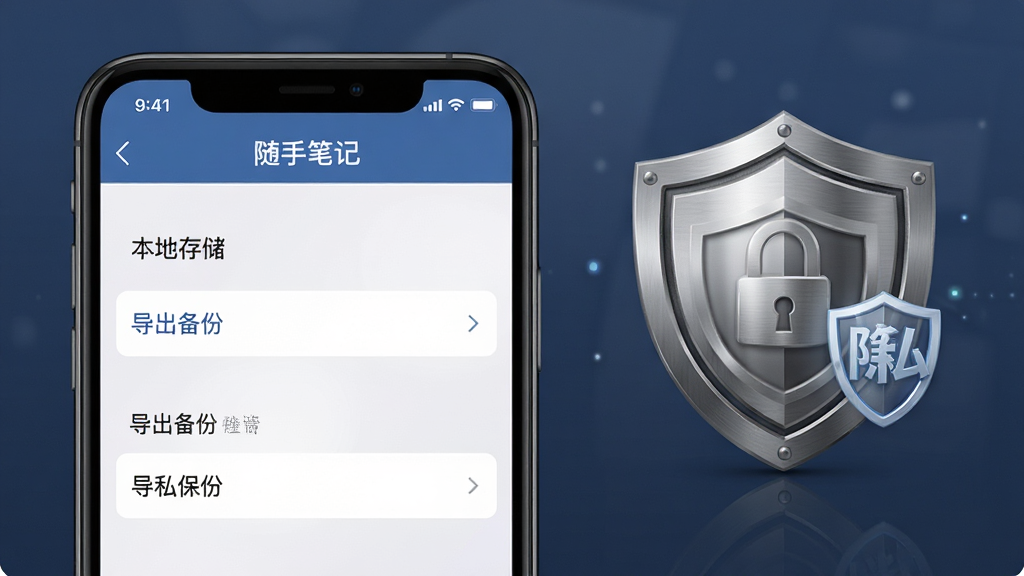 画面主体是一部手机,屏幕显示“随手笔记”的设置页面,其中有本地存储、导出备份等选项,旁边有一个盾牌图标象征隐私保护;布局为手机与盾牌图标左右呼应;排版为左右平衡构图;风格为安全可信的商务风;细节包括盾牌的金属质感、设置项的文字层次、手机屏幕的柔和亮度;画质清晰,干净,无多余元素