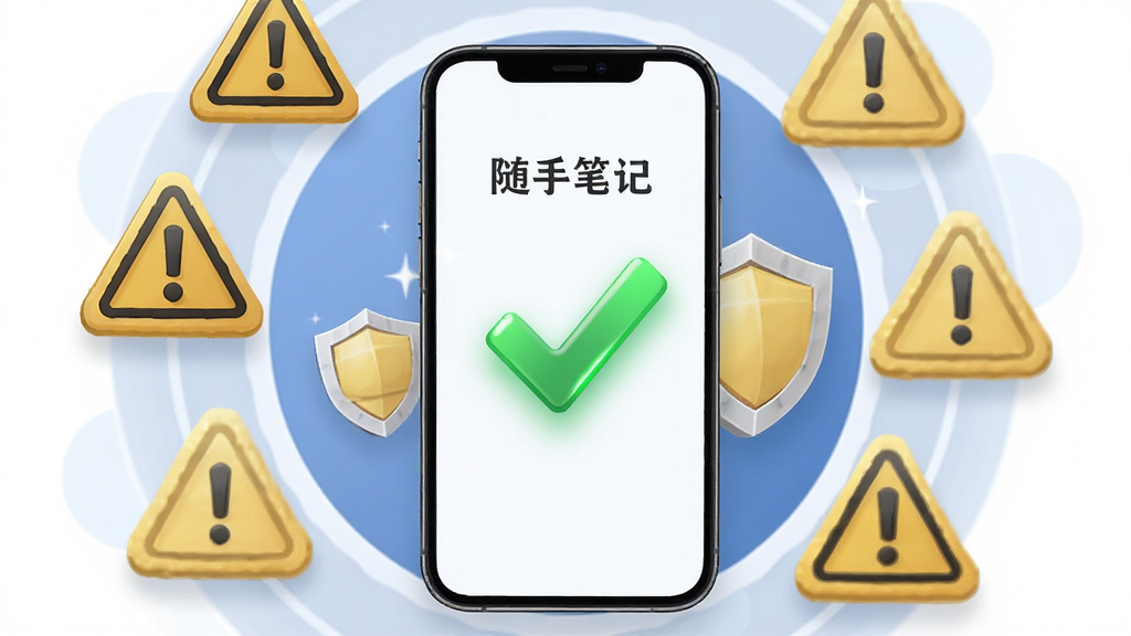 画面主体是一部手机屏幕显示“随手笔记”的安装完成界面,旁边有对勾图标,背景有警示标志和盾牌元素;布局为手机居中,图标环绕四周;排版为环形构图;风格为安全提示风;细节包括对勾的绿色光泽、盾牌的立体感、警示标志的柔和黄色;画质清晰,干净,无多余元素