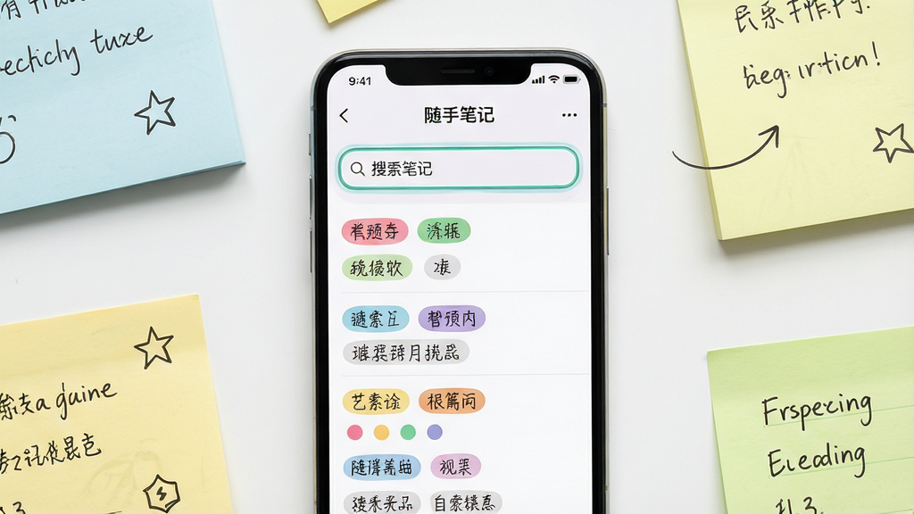 画面主体是一部手机,屏幕显示“随手笔记”的搜索界面,搜索框内有文字,下方列出多条带标签的笔记结果;布局为手机正面平放,周围有几张便签纸作为点缀;排版为居中构图,突出搜索结果列表;风格为清爽办公风;细节包括标签的彩色圆角样式、搜索框的高亮边框、便签纸上的手写符号;画质清晰,干净,无多余元素
