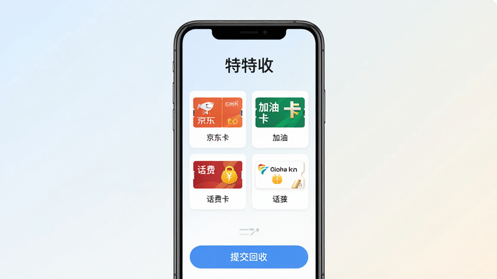 手机屏幕中央展示特特收软件主界面,界面采用简洁的卡片式布局,上方显示软件名称“特特收”,中部排列京东e卡、加油卡、话费卡等卡券图标,底部为提交回收按钮,背景为浅色渐变,风格清爽现代,画质清晰干净,无多余元素