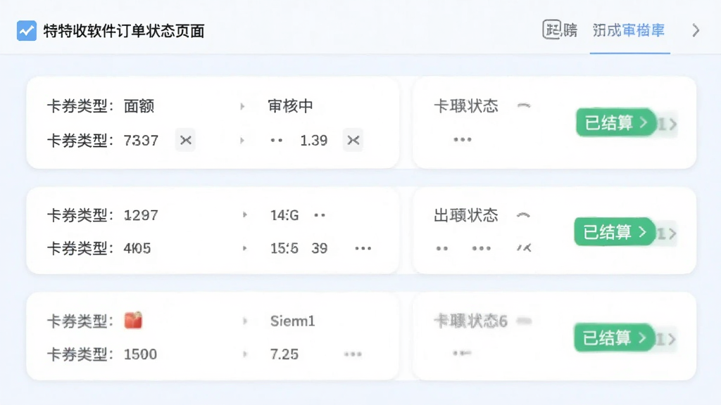 特特收软件订单状态页面展示审核中、已结算等状态标签,界面采用卡片列表形式,每个订单显示卡券类型、面额与当前状态,配色以白色和浅蓝为主,风格清爽素雅,画质清晰