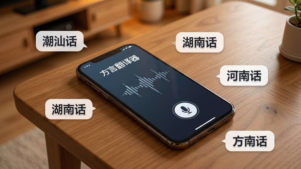 一部手机平放在木质桌面上,屏幕显示“方言翻译器”语音识别界面,麦克风按钮处于按下状态,周围环绕多个方言名称标签如“潮汕话”“湖南话”“河南话”,背景为温暖家居环境,布局为俯视特写,风格为写实数码产品摄影,细节突出屏幕UI与声波动画,画质高清干净,无多余元素