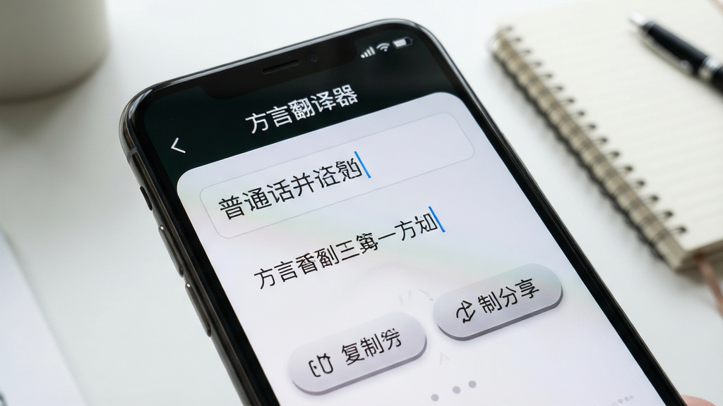 手机屏幕特写显示“方言翻译器”文字翻译界面,输入框内有普通话句子,下方展示方言翻译结果与复制分享按钮,背景为简约书桌与笔记本,布局为近景特写,风格为清新数码生活摄影,细节突出界面文字与按钮质感,画质清晰干净,无多余元素