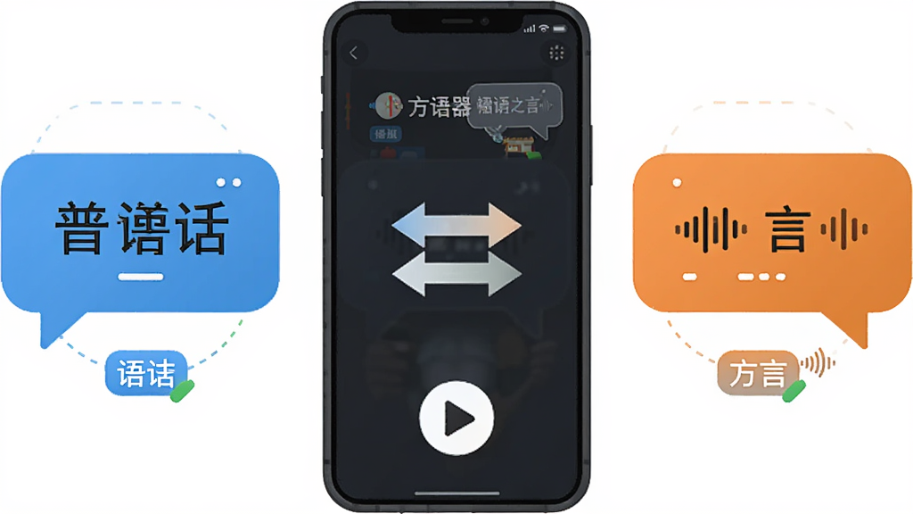 画面展示“方言翻译器”双向翻译功能示意,左侧为普通话文字气泡,右侧为方言语音气泡,中间以双向箭头连接,手机屏幕显示翻译结果与播放按钮,布局为左右对称信息图,风格为简洁矢量插画,细节包括声波图标与语言标签,画质清晰干净,无多余元素