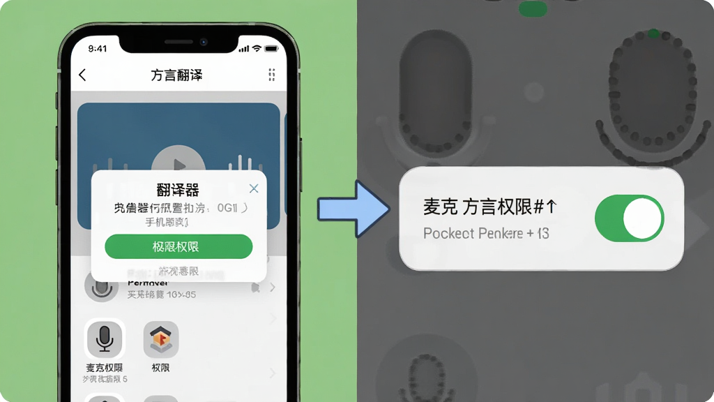 “方言翻译器”手机应用安装与权限设置示意图,画面左侧为手机安装界面,右侧为麦克风权限开关特写,中间以箭头连接,布局为左右分栏信息图,风格为简洁教程插画,细节包括权限弹窗与设置图标,画质清晰干净,无多余元素