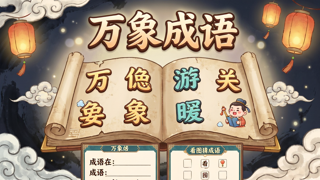 画面主体为一本翻开的古风书籍,书页上浮现出多个成语文字与卡通图案,布局为书籍居中、四周环绕淡雅水墨风格的祥云与灯笼元素,排版采用上下分层结构,上方为软件名称“万象成语”艺术字,下方为成语填空与看图猜成语的界面示意,风格为国潮卡通插画风,细节包括书页边缘的卷曲质感、成语文字的立体描边、背景的柔光晕染,画质清晰干净,无多余元素