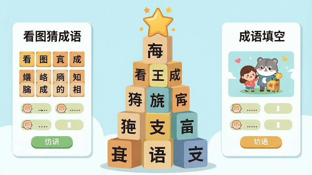 画面主体为一座由成语方块堆叠而成的知识宝塔,布局为宝塔居中、左右两侧分别展示“看图猜成语”与“成语填空”的界面卡片,排版采用纵向延伸结构,风格为清新扁平插画风,细节包括方块上的成语文字、塔顶的星星奖励图标、卡片内的卡通图案与选项按钮,画质明亮干净,无多余元素