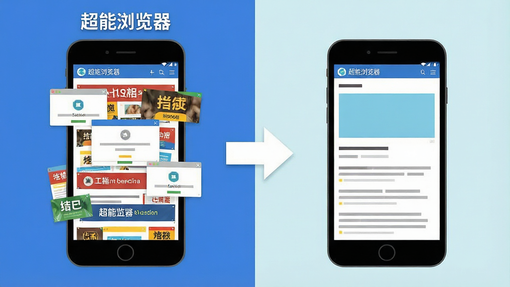 一张表现超能浏览器广告拦截功能的示意图,主体为手机屏幕内网页从杂乱广告状态变为干净阅读状态的对比效果,左侧布满弹窗与横幅,右侧清爽整洁;布局为左右对比构图;风格为扁平化信息图风;细节上屏幕上方标注“超能浏览器”名称,对比箭头清晰;画质高清,画面干净,无多余元素