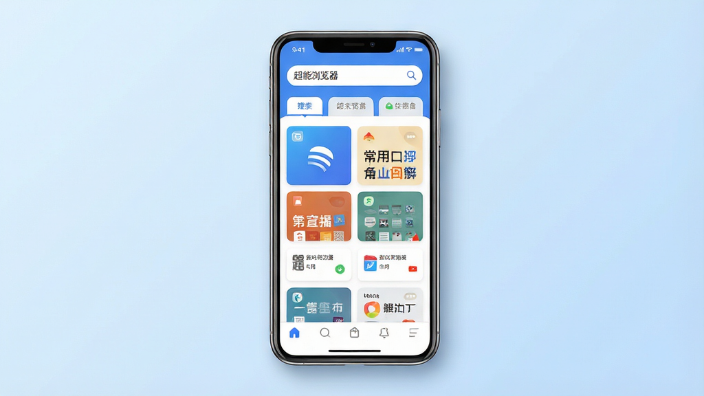 一张展示超能浏览器手机端主界面的产品全貌图,主体为一部竖屏智能手机居中放置,屏幕内呈现简洁的浏览器首页布局,顶部为搜索框与多标签页图标,中部为常用网站快捷卡片网格,底部为导航栏;布局采用居中对称构图,背景为浅蓝色渐变纯色;风格为清爽科技感的产品展示风;细节上手机边缘有柔和阴影,界面元素清晰锐利,搜索框内文字为“超能浏览器”;画质高清,画面干净,无多余元素