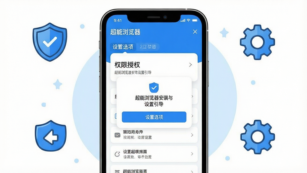 一张表现超能浏览器安装与设置引导的手机界面示意图,主体为手机屏幕内显示权限授权弹窗与设置选项列表,旁边配有小盾牌与齿轮图标;布局为手机居中、图标环绕;风格为清新教程插画风;细节上屏幕角落标注“超能浏览器”字样,配色以蓝白为主;画质高清,画面干净,无多余元素