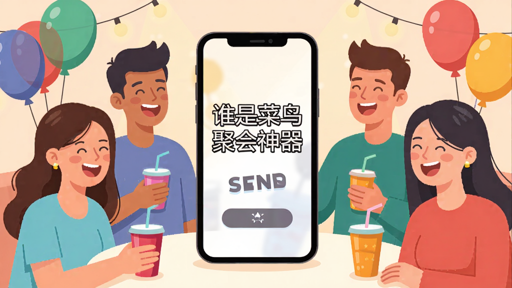 一张展示多人聚会场景的插画,画面中央放置一部智能手机,屏幕显示“谁是菜鸟聚会神器”的启动界面,周围环绕着欢笑的朋友,布局采用中心对称构图,排版突出手机屏幕与人物互动,风格为扁平化卡通插画,细节包含彩色气球、饮料杯与柔和灯光,画质清晰明亮,干净无多余元素