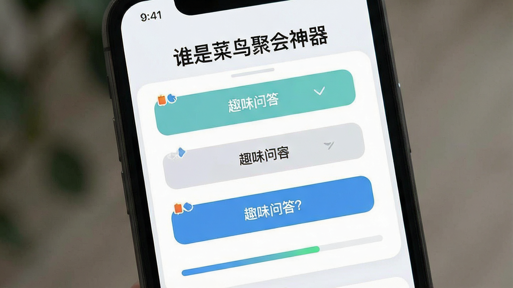 一张展示手机屏幕内弹出多道趣味问答题目的界面图,画面以“谁是菜鸟聚会神器”为标题栏,布局为上下分层排版,风格为清爽UI界面风格,细节包含选项按钮与进度条,画质高清干净,无多余元素