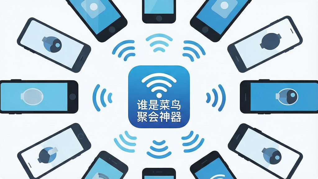 一张表现多部手机围绕同一WiFi信号连接的示意图,画面中心为“谁是菜鸟聚会神器”的图标,布局呈放射状排列,排版简洁明了,风格为科技感扁平插画,细节包含信号波纹与设备图标,画质干净清晰,无多余装饰元素