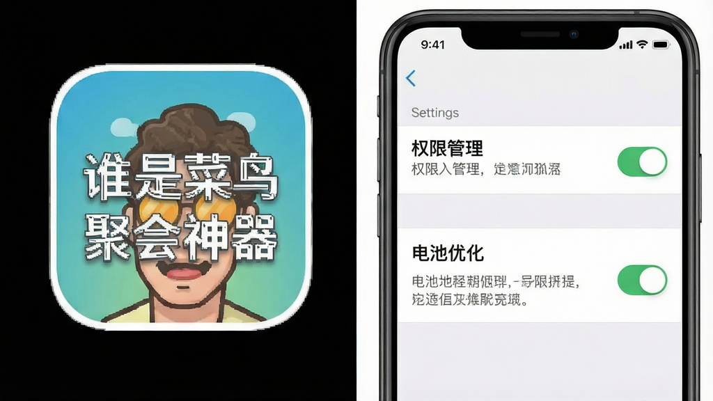 一张展示手机设置界面中权限管理与电池优化选项的示意图,画面以“谁是菜鸟聚会神器”图标为视觉引导,布局为左右分栏排版,风格为简洁UI说明图,细节包含开关按钮与提示文字,画质清晰干净,无多余元素