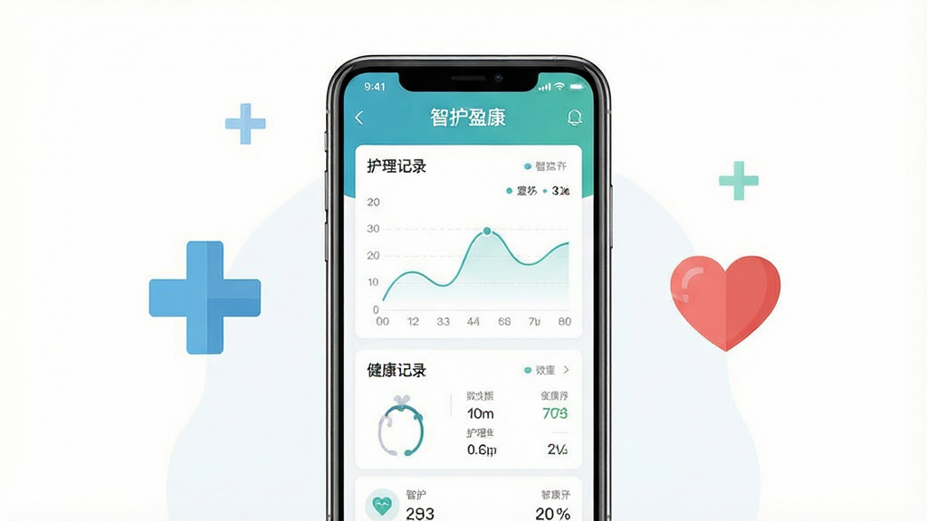 一张展示智护盈康手机应用界面的场景图,画面中央是一部竖屏智能手机,屏幕上显示护理记录与健康数据看板,主体清晰,布局采用居中构图,手机两侧点缀简洁的医疗十字与心形图标,排版干净留白充足,风格为清爽现代的扁平化插画,细节上手机屏幕内可见“智护盈康”字样与数据曲线,画质高清,干净,无多余元素