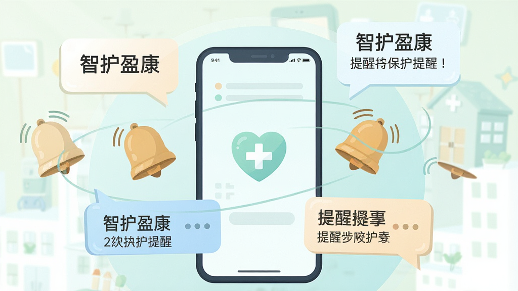 一张表现照护协同与提醒功能的插画,主体为手机屏幕与环绕的提醒铃铛、对话气泡,布局采用手机居中、元素环绕的构图,排版层次分明,风格为清新浅色系扁平插画,细节中气泡内写有“智护盈康”与提醒文字,画质高清,干净,无多余元素