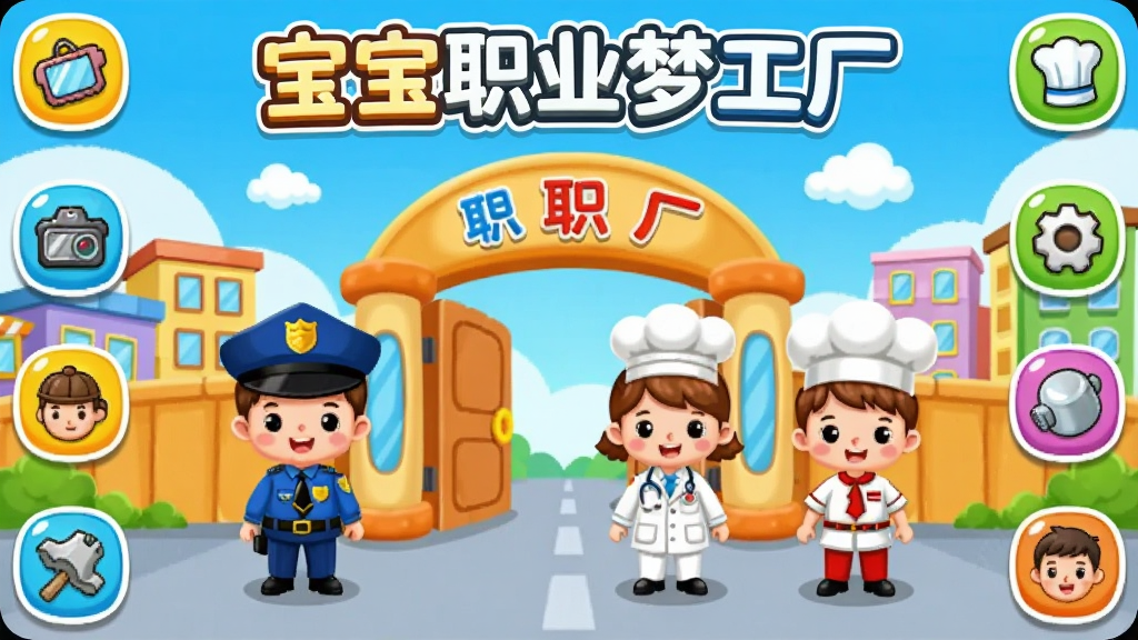 宝宝职业梦工厂软件主界面预览图,画面中央是卡通风格的职业梦工厂大门,门口站着穿着警察、医生、厨师制服的小朋友角色,背景是明亮的蓝天白云和彩色建筑,布局为横版全景展示,排版突出软件名称“宝宝职业梦工厂”字样在顶部,风格为儿童卡通插画风,细节包含职业道具图标环绕四周,画质清晰明亮,干净整洁,无多余元素