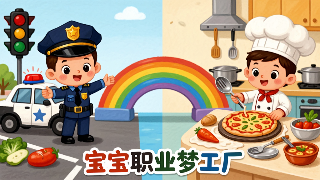宝宝职业梦工厂多元职业角色体验场景图,画面分为左右两部分,左侧是警察角色在指挥交通,右侧是厨师角色在厨房制作披萨,中间用彩虹桥连接,布局为对称式构图,排版将“宝宝职业梦工厂”名称置于画面底部中央,风格为鲜艳的儿童绘本插画,细节包含警车、红绿灯、厨具、食材等元素,画质细腻,干净清爽,无多余元素