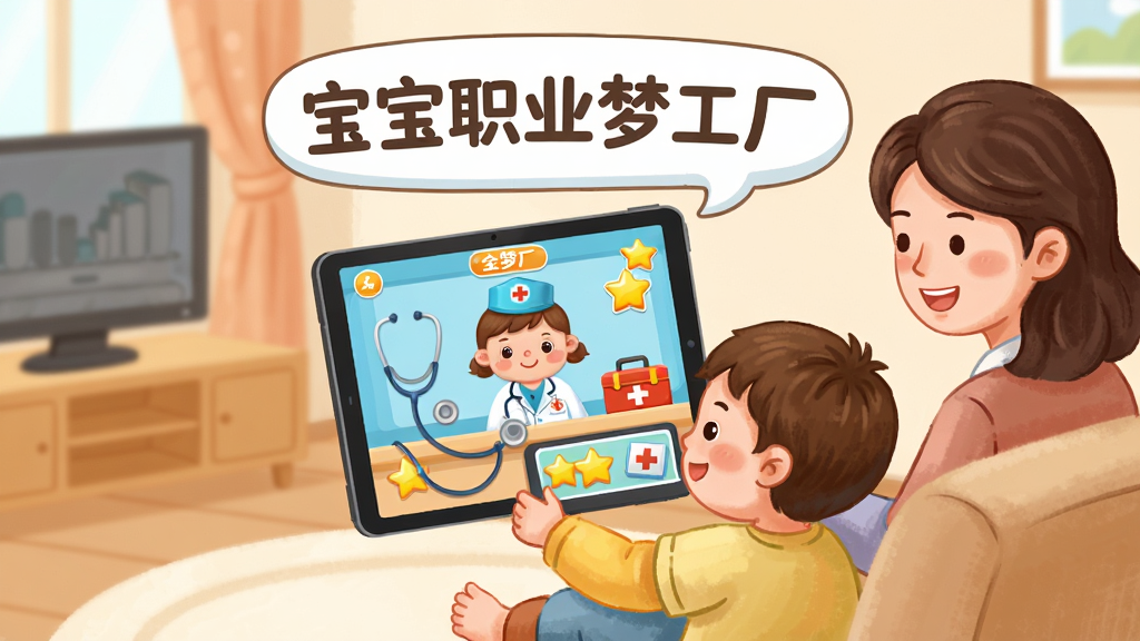 宝宝职业梦工厂寓教于乐场景图,画面展示一个小朋友坐在沙发上拿着平板电脑,屏幕里是宝宝职业梦工厂的医生职业界面,旁边有家长微笑陪伴,布局为家庭客厅环境,排版将软件名称“宝宝职业梦工厂”以气泡形式出现在屏幕上方,风格为温馨卡通插画,细节包含听诊器、药箱、奖励星星等元素,画质柔和清晰,干净整洁,无多余元素