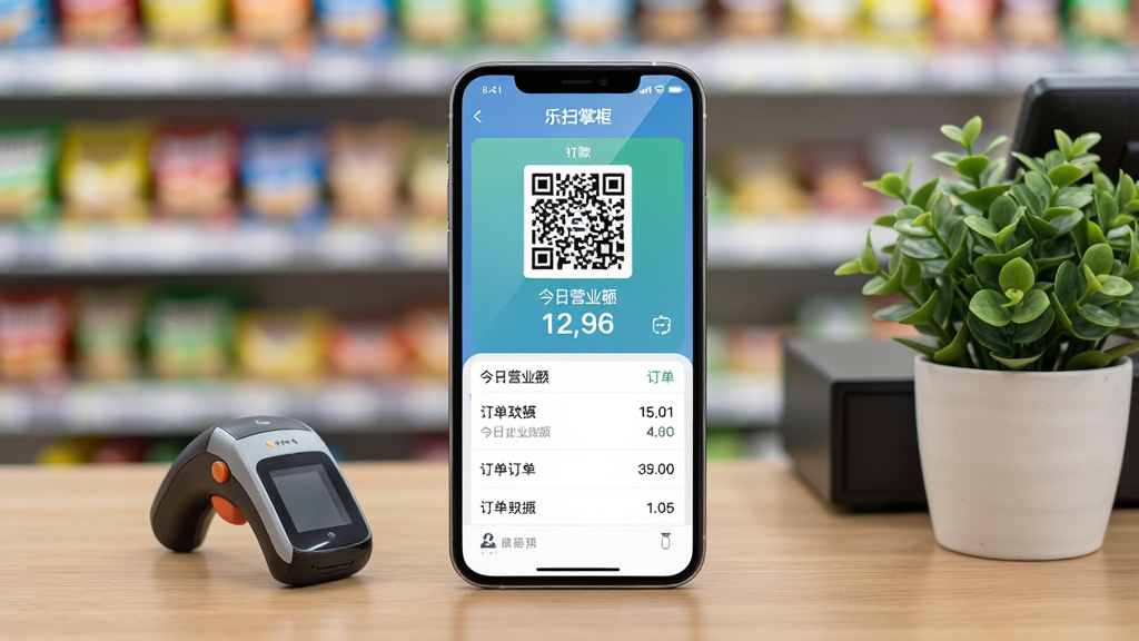 画面主体是一部竖屏智能手机,屏幕中显示“乐扫掌柜”商户收款界面,包含收款码、今日营业额数字与订单列表;手机放置在木质收银台上,旁边摆放小型扫码枪与一盆绿植;布局为居中构图,手机占据画面视觉中心,背景为虚化的便利店货架;排版上手机屏幕内容清晰可读,顶部有“乐扫掌柜”字样;风格为写实商业摄影风,光线明亮柔和;细节包括屏幕反光、桌面木纹、绿植叶片纹理;画质高清,画面干净,无多余元素
