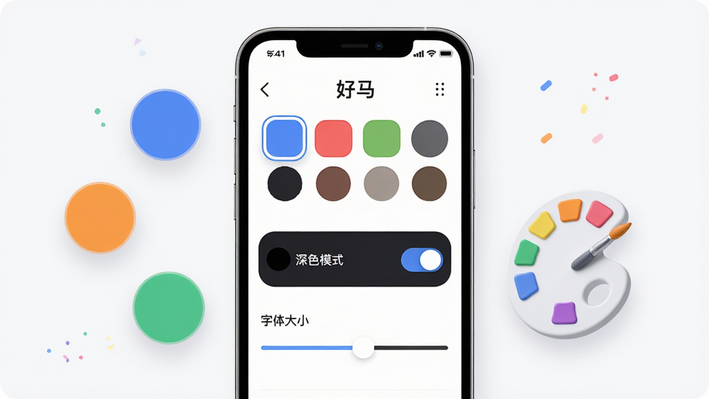 画面中展示“好马”应用的个性化设置界面,手机屏幕内显示主题色块选择、深色模式开关与字体大小调节滑块,屏幕旁边漂浮几个彩色圆形色板与调色盘元素,背景干净浅色,风格活泼简洁,细节清晰,画质高清,无多余元素