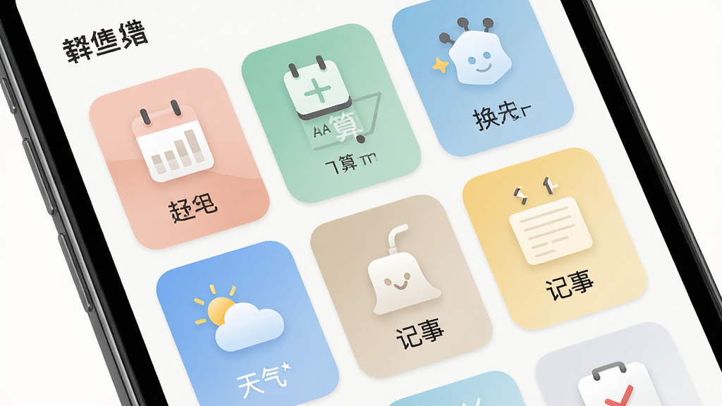 画面展示“好马”应用的多功能集成面板界面,手机屏幕内以网格卡片形式排列日程、换算、天气、记事等图标,卡片色彩柔和统一,背景干净简洁,整体风格清新实用,细节清晰,画质高清,无多余元素