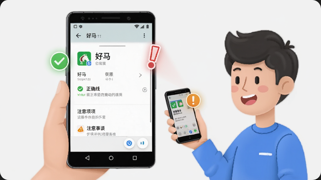 画面展示一部安卓手机屏幕显示“好马”应用设置界面,旁边有一位卡通风格的用户人物手持手机查看,画面中带有对勾与感叹号图标分别代表正确操作与注意事项,背景为浅灰色简洁风格,细节清晰,画质高清,干净无多余元素