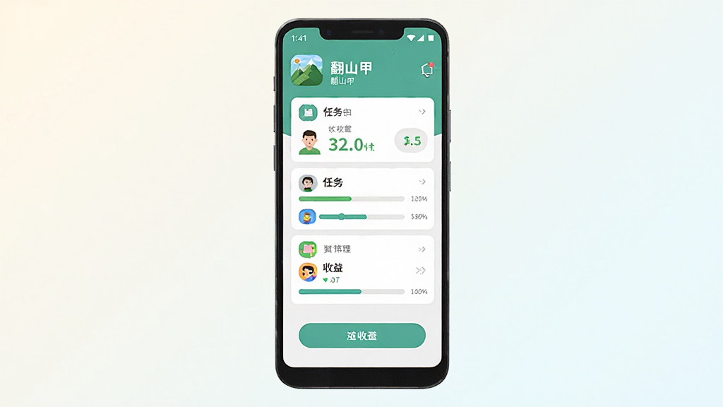 主体为一部竖屏安卓手机,屏幕上显示“翻山甲”应用首页界面,包含任务列表卡片与收益数字,布局为手机居中、背景为浅色渐变,排版简洁清晰,风格为扁平化UI插画,细节包含图标、进度条与按钮元素,画质高清、干净、无多余元素