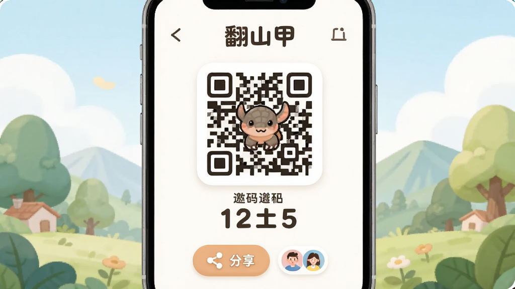 主体为“翻山甲”邀请页面手机界面,布局为居中二维码与邀请码数字,排版对称,风格为柔和圆角插画,细节包含分享按钮与好友图标,画质高清、干净、无多余元素