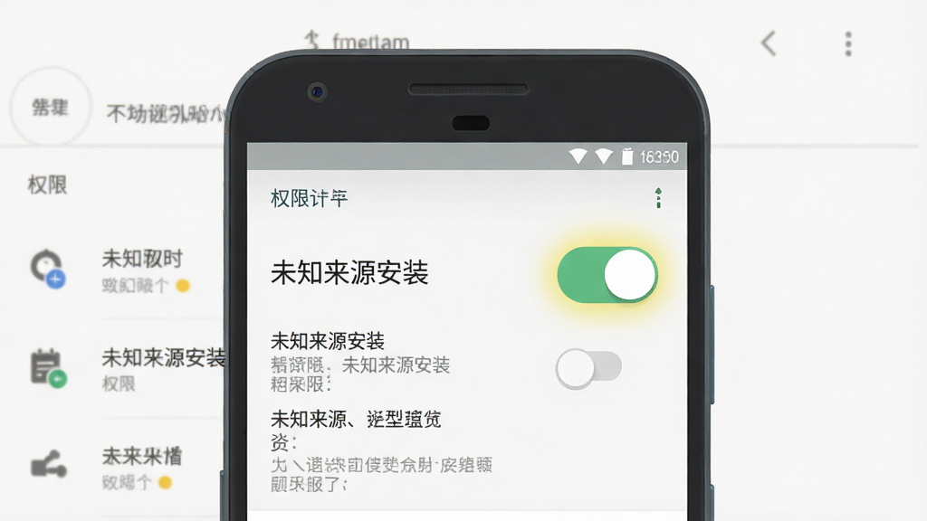 主体为安卓手机设置界面中“未知来源安装”权限开关特写,布局为手机居中、开关高亮,排版简洁,风格为扁平化教程插画,细节包含权限列表与提示文字,画质高清、干净、无多余元素