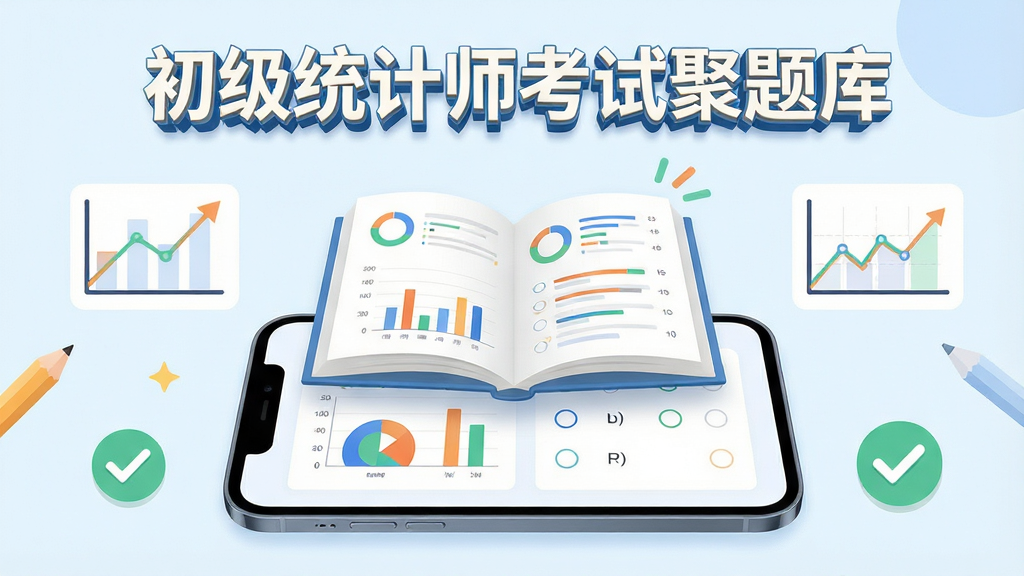 画面主体为一本翻开的电子习题册悬浮在手机屏幕上方,手机屏幕内显示统计图表与选择题界面,布局为居中对称构图,排版上软件名称“初级统计师考试聚题库”以立体字形式置于画面上方,风格为清新扁平化学习类插画,细节包括铅笔、折线图、对勾图标环绕四周,画质高清干净,无多余装饰元素