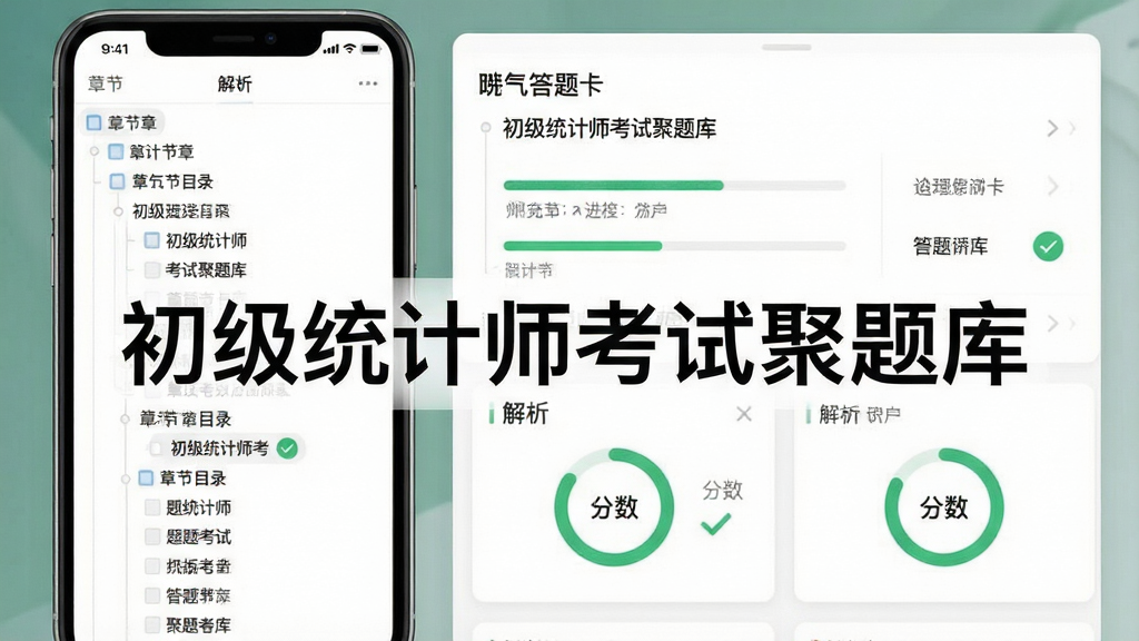 画面主体为手机界面展示章节列表与答题卡,布局为左右分栏,左侧为章节树状目录,右侧为题目与解析卡片,排版整齐,风格为清爽教育类UI展示图,细节包含进度条、绿色对勾标记、分数圆环,画面中央醒目位置写有“初级统计师考试聚题库”字样,画质清晰干净,无杂乱元素