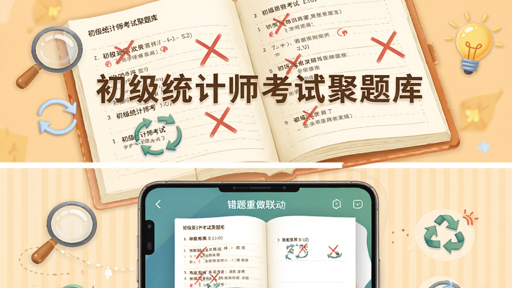 画面主体为一本带有红色标记的错题本与手机屏幕联动展示,布局为上下结构,上方错题本翻开显示红色叉号标记,下方手机展示错题重做界面,排版居中,风格为温暖学习类插画,细节包含放大镜、灯泡、循环箭头图标,画面中写有“初级统计师考试聚题库”名称,画质细腻干净,无冗余装饰