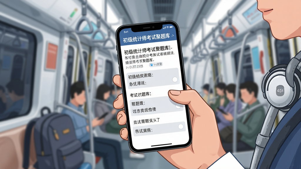 画面主体为一只手握着手机在地铁车厢内刷题,手机屏幕显示题目与选项,布局为人物局部特写加背景虚化,排版上手机居于视觉中心,风格为现代都市生活插画,细节包括地铁扶手、耳机、背包、时间标签,手机屏幕上呈现“初级统计师考试聚题库”字样,画质清晰干净,无多余人物杂乱元素