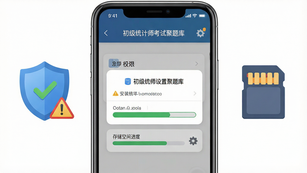 画面主体为一部手机屏幕显示安装权限设置弹窗与存储空间进度条,布局为手机居中、左右两侧分别放置盾牌安全图标与存储卡图标,排版对称清晰,风格为实用工具类说明插画,细节包含绿色对勾、警告三角、齿轮设置图标,画面中写有“初级统计师考试聚题库”文字,画质干净明亮,无多余装饰