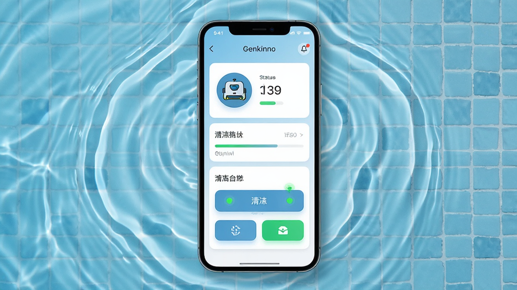 主体为一部智能手机居中放置,屏幕显示泳池清洁机器人控制界面,界面中包含设备状态卡片与清洁模式按钮,布局为手机居中、四周环绕淡蓝色水波纹与泳池瓷砖纹理,排版简洁清晰,风格为现代科技感UI展示风,细节包含圆形设备图标、进度条、绿色运行指示灯,画质高清干净无多余元素,画面中文字为“Genkinno”
