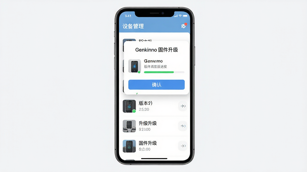 主体为手机界面展示设备管理列表与固件升级弹窗,布局为手机居中、列表纵向排列、弹窗悬浮于上方,排版清晰有序,风格为简洁扁平化UI风,细节包含设备缩略图、版本号文字、升级进度条、确认按钮,画质高清干净无多余元素,画面中文字为“Genkinno 固件升级”
