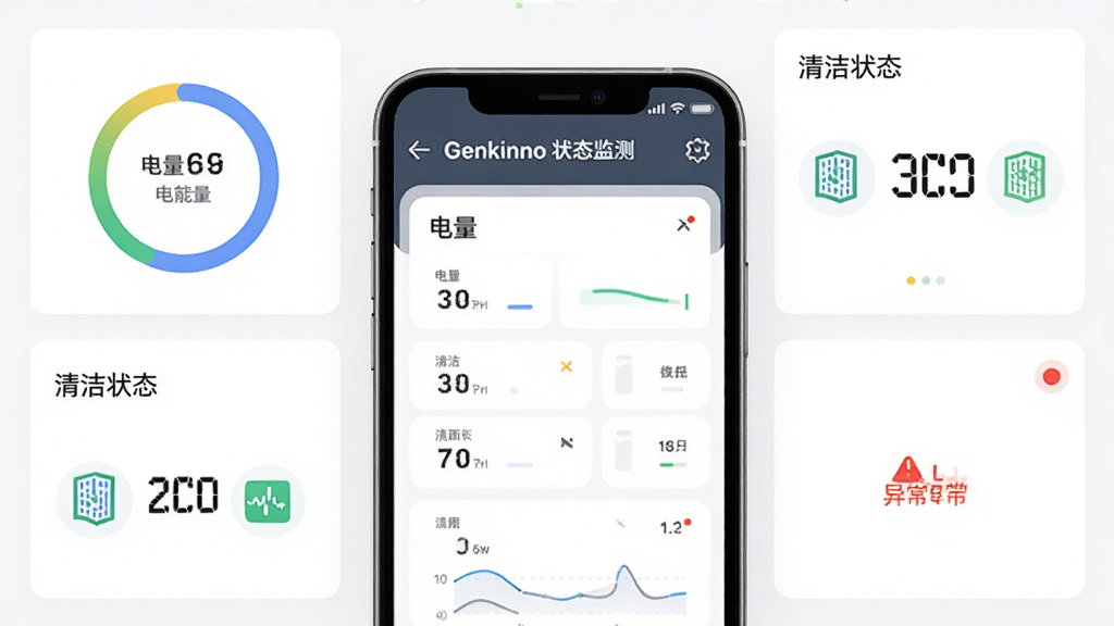 主体为手机屏幕展示Genkinno设备状态监测面板,布局为屏幕居中放大、四周分布数据卡片,排版为网格化信息展示,风格为数据可视化仪表盘风,细节包含电量环形图、清洁面积数字、滤网状态图标、异常提醒红点,画质高清干净无多余元素,画面中文字为“Genkinno 状态监测”