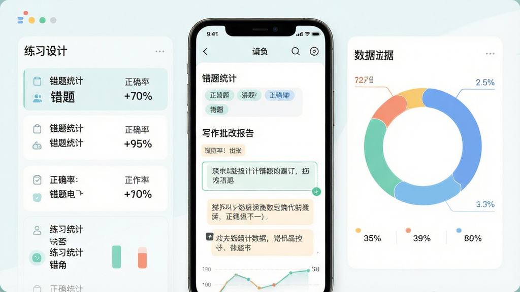 一张学习数据与题库练习界面图,主体为手机屏幕中的错题统计图表与写作批改报告,布局左侧为练习列表、右侧为数据环形图,排版简洁规整,风格清新浅色教育类UI,细节包含正确率百分比、错题标签、批注文字框,画质清晰干净无多余元素