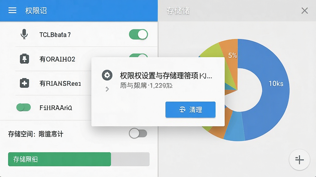 一张手机权限设置与存储管理界面示意图,主体为安卓系统权限弹窗与存储空间条,布局左侧为权限开关列表、右侧为存储占用饼图,排版清晰分栏,风格扁平化系统UI,细节包含麦克风图标、存储图标、清理按钮,画质清晰干净无多余元素