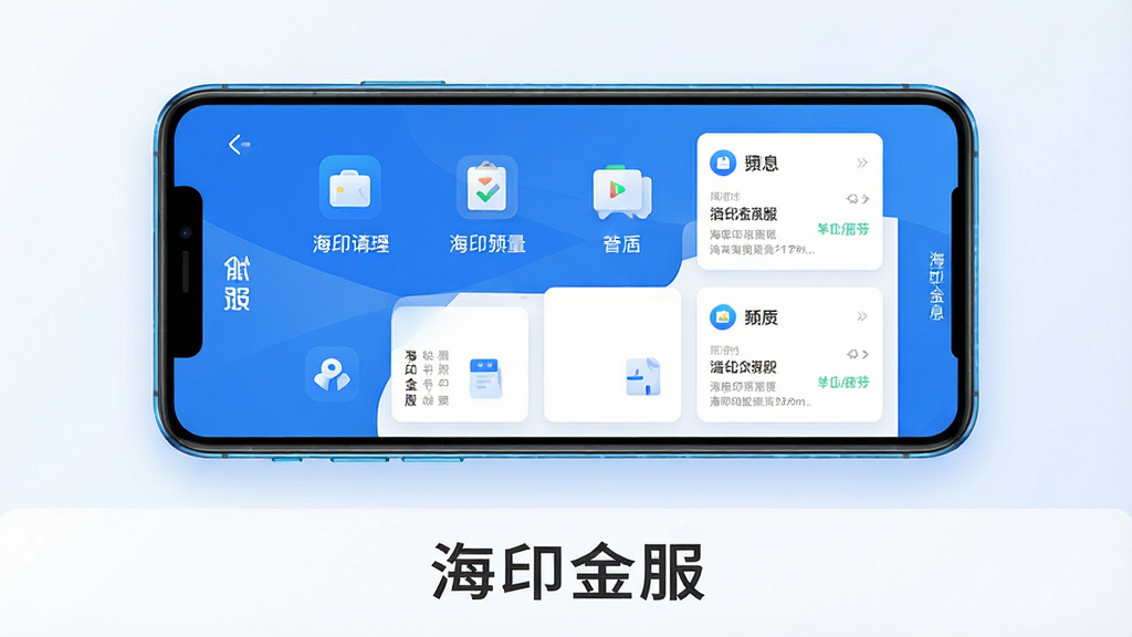 主体为一部智能手机居中放置,屏幕显示“海印金服”应用主界面,界面包含功能图标与信息卡片;布局采用上下分层,上方为手机机身,下方为简洁的文字说明区;排版居中对称,突出手机屏幕内容;风格为现代科技感扁平化设计,色调以蓝色和白色为主;细节上手机边缘带有微光效果,界面图标清晰可见,背景为浅色渐变;画质高清,画面干净,无多余元素。