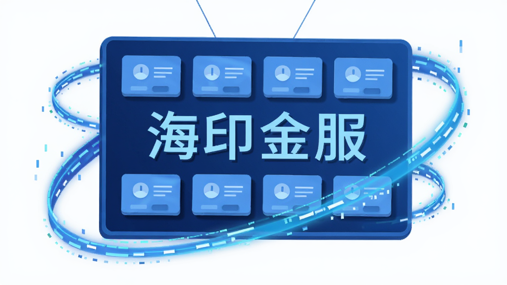 主体为一块悬浮的数字化信息面板,面板上排列着“海印金服”四个字以及多个信息卡片图标;布局为面板居中,四周环绕着代表数据流动的光线;排版上信息卡片呈网格状排列;风格为科技蓝调扁平插画;细节上卡片带有轻微的立体阴影,光线呈流线型;画质清晰,背景干净,无杂乱元素。