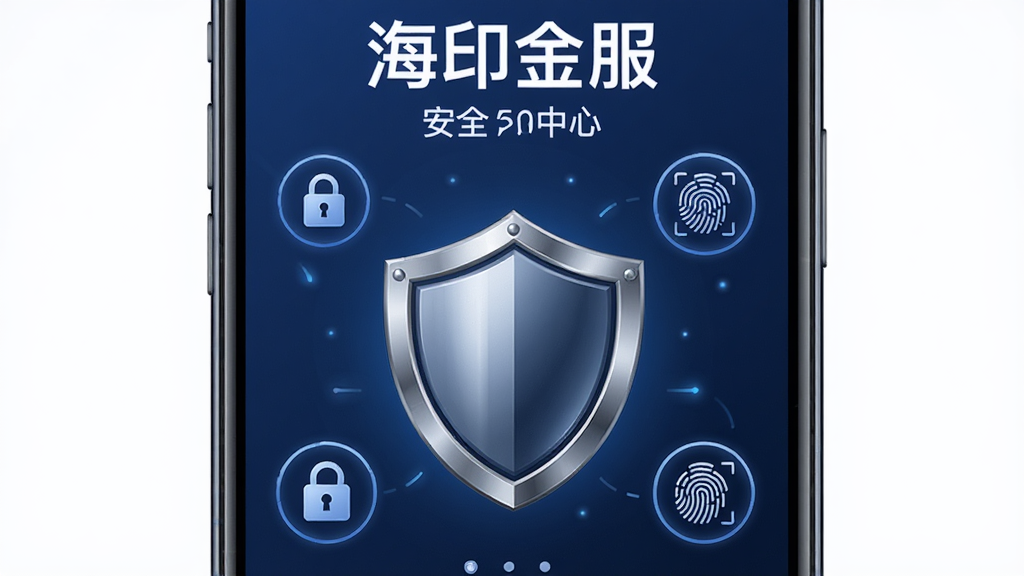 主体为一部手机屏幕显示“海印金服”安全中心界面,界面中央有一个盾牌图标;布局为盾牌居中,周围环绕着锁形与指纹识别的小图标;排版简洁,视觉焦点集中;风格为深蓝色调的安全主题插画;细节上盾牌表面有金属光泽,图标带有微光描边;画质高清,画面干净,无多余装饰。