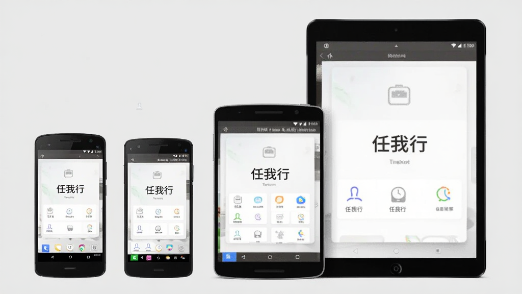多部不同尺寸的安卓手机与平板并排展示,屏幕均显示“任我行”应用界面,界面元素随屏幕尺寸自适应排布,背景为浅灰纯色,布局整齐,风格统一简约,细节干净,画质清晰,无多余装饰
